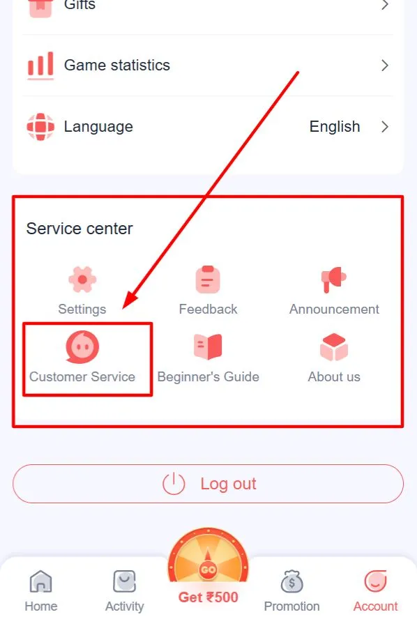Account page with Service Centre section visible